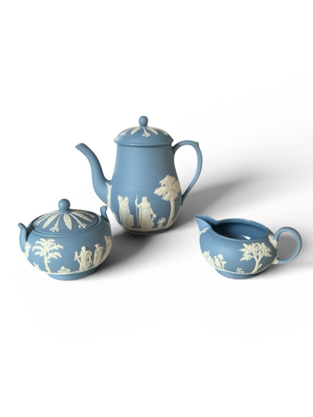 Wedgwood Blue Jasperware Set Coffee Pot Creamer and Sugar Bowl